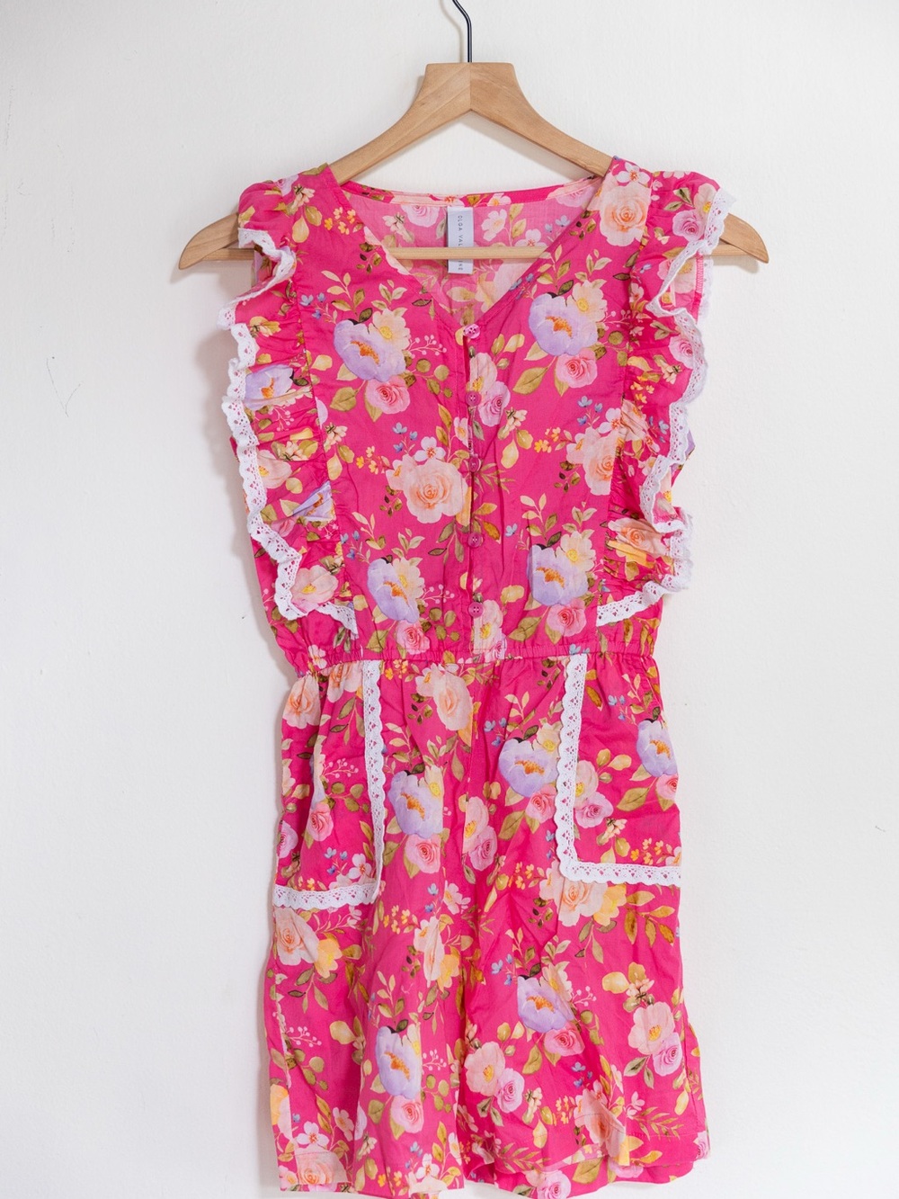 Olga Bright Pink Floral Romper with Lace Ruffles